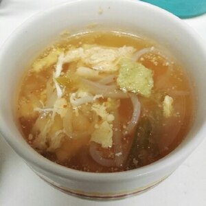 簡単！(^^)もやしとキムチのピリ辛かき玉スープ♪